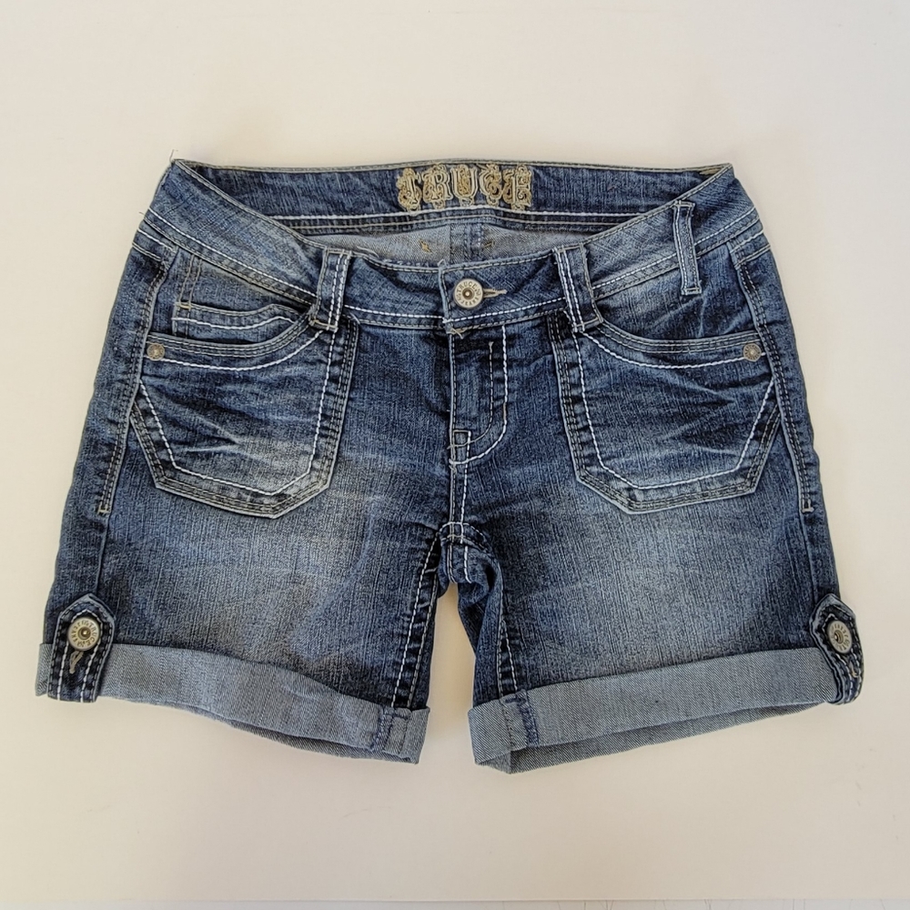 Truce Slightly Distressed Roll Up Blue Denim Shorts Size 5